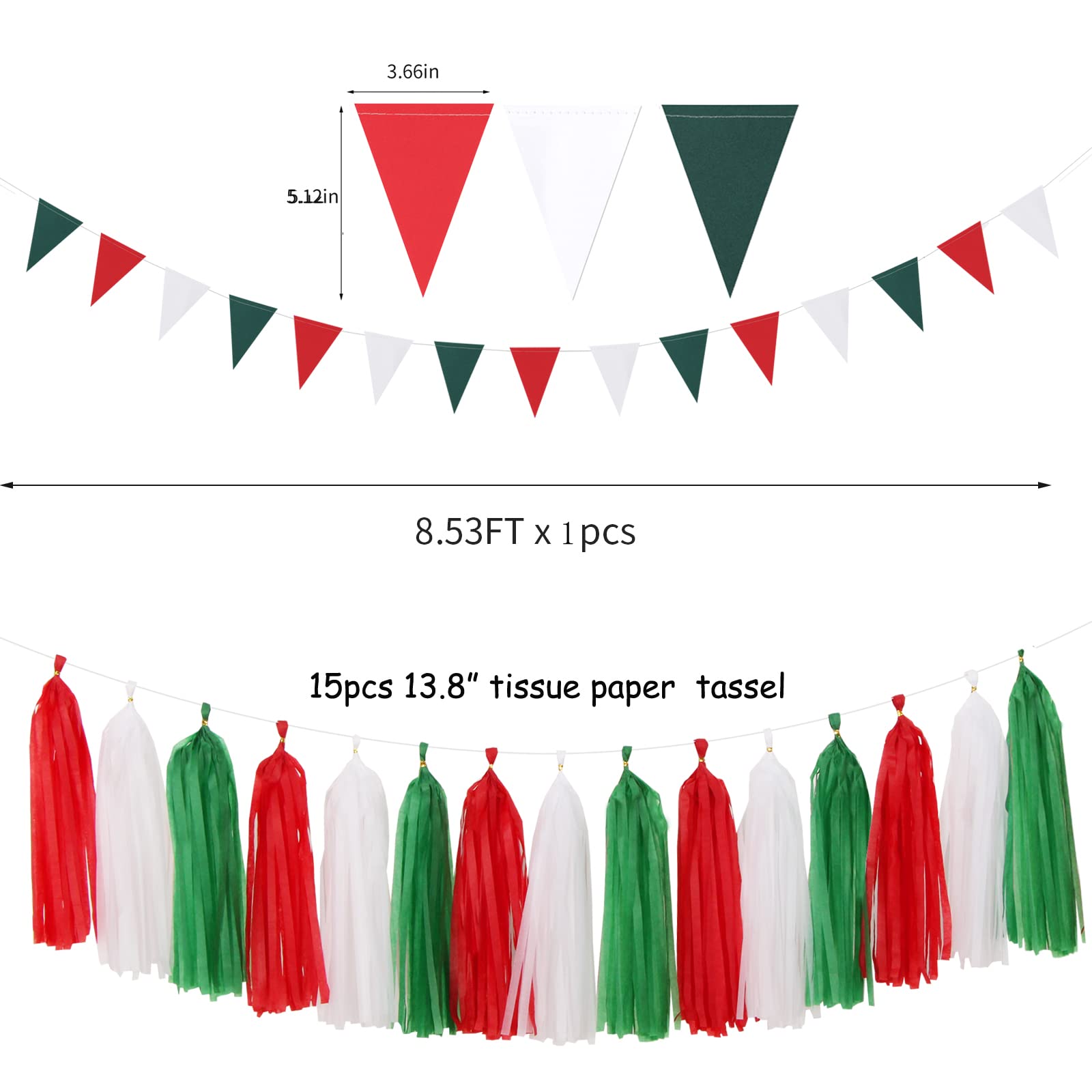 Red-Green White Christmas In July Party-Decorations - 23Pcs Mexico Italy Tissue Pom Poms Streamers,Tassel Garland Banner,Mexican